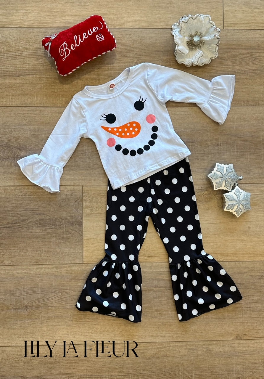 Snowman Print Long Sleeve Top with Polka Dot Flared Pants - 2pc Set