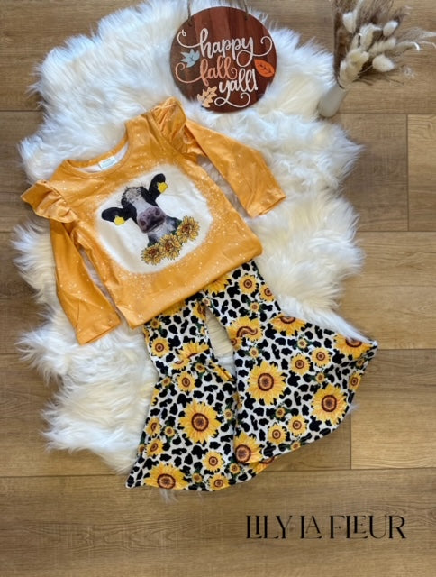 Sunflower Cow Print Ruffled Sleeve Romper Flared Pant Set