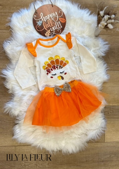 Thanksgiving Turkey Print Romper with Orange Tulle Skirt