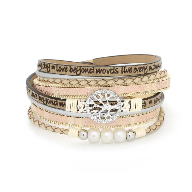 Boho Style Wrap Bracelet with Faux Pearls and Tree of Life Charm