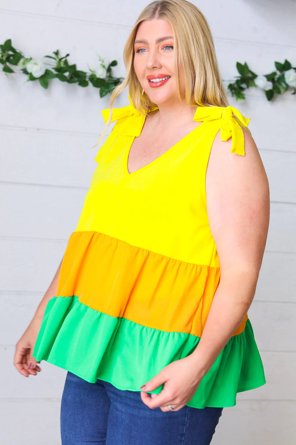 HAPTICS- Yellow & Tangerine Tiered Shoulder Tie Bow Crepe