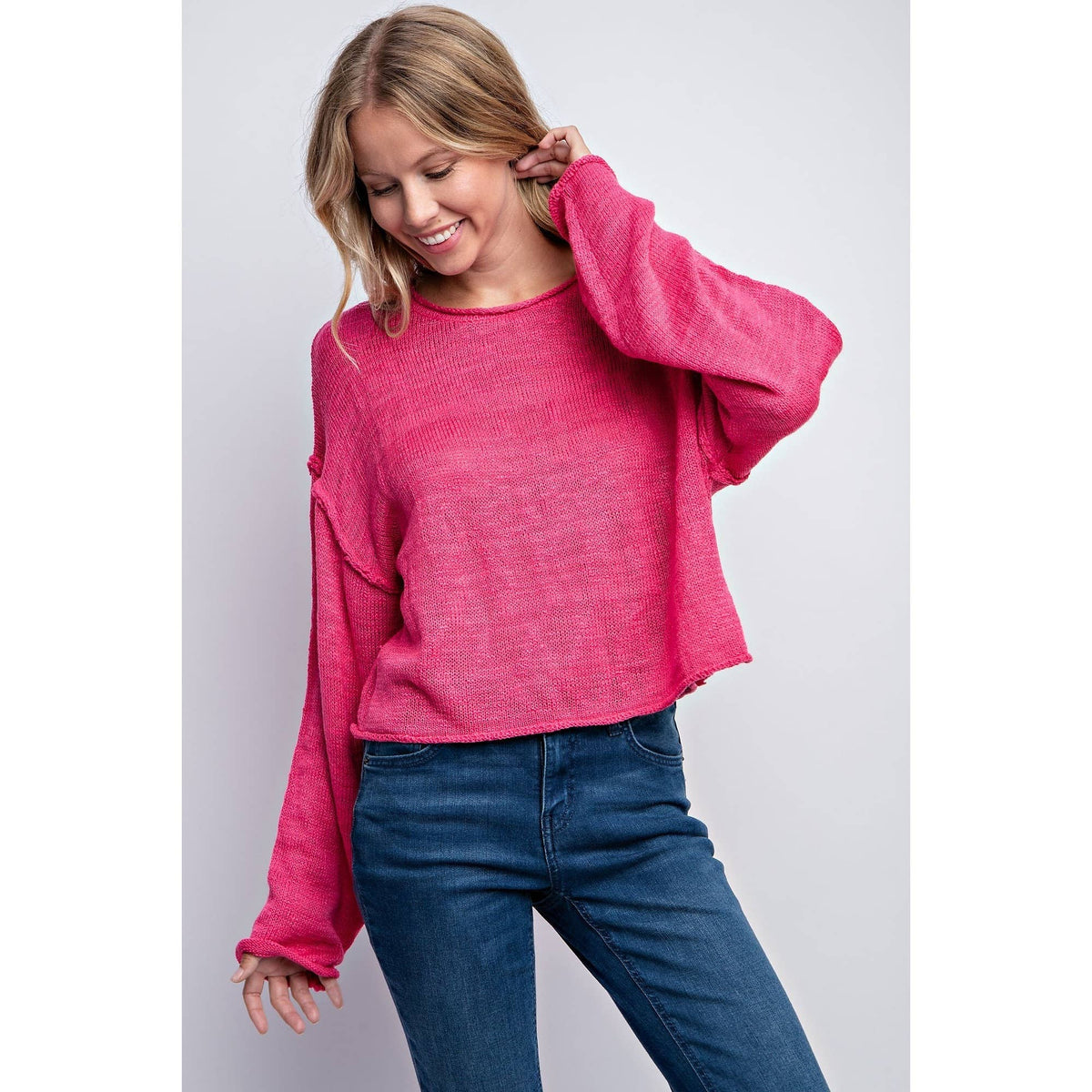 LOOSE FIT PULL OVER KNIT SWEATER TOP: FUCHSIA