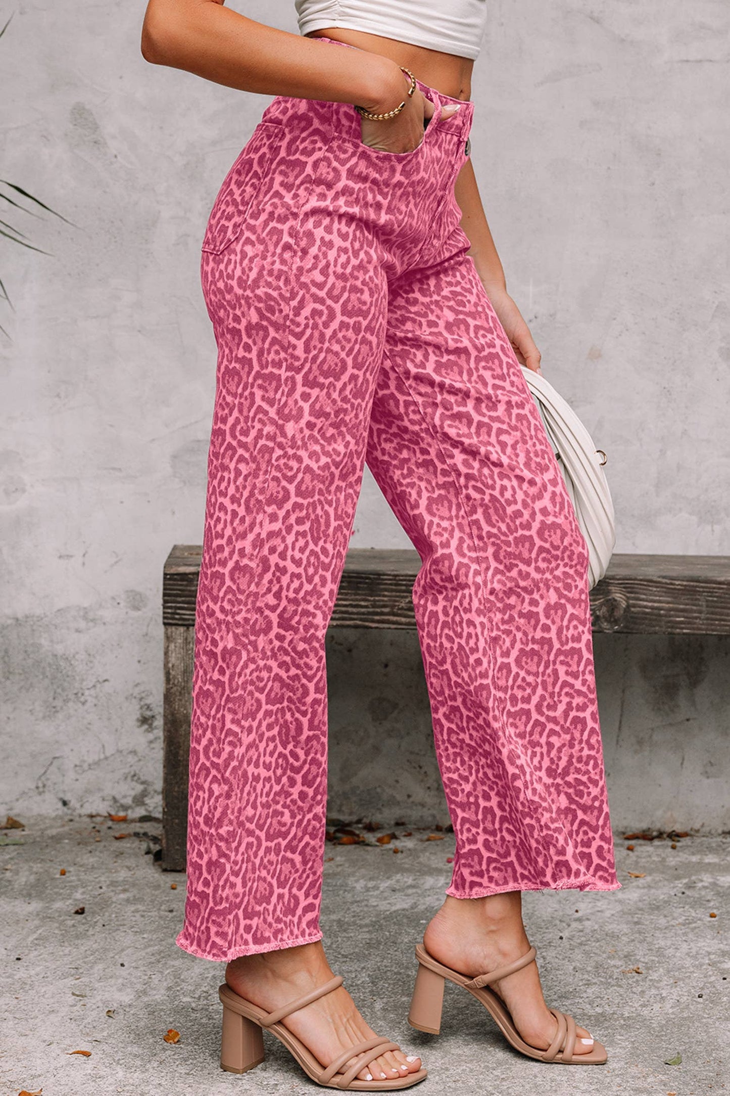 Western Leopard Frayed Edge Wide-Leg Jeans