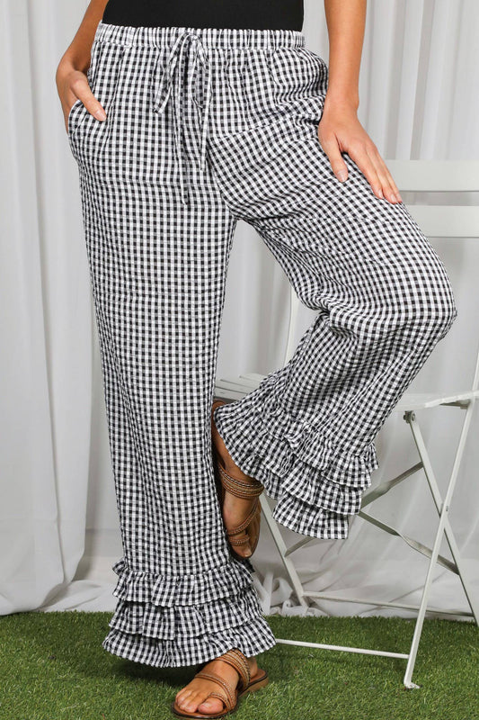 Gingham Layered Ruffle Hem Cropped Pants