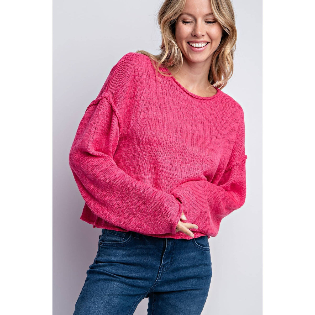 LOOSE FIT PULL OVER KNIT SWEATER TOP: FUCHSIA