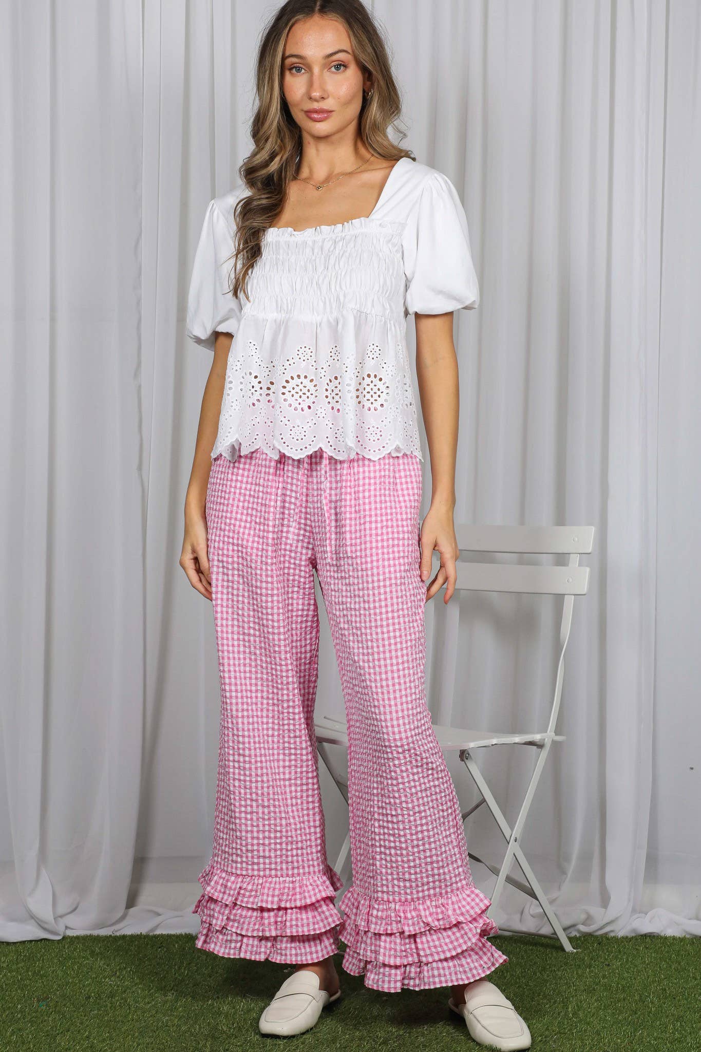 Gingham Layered Ruffle Hem Cropped Pants