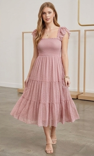 POLKA DOT CHIFFON SMOCKED TIERED MIDI DRESS