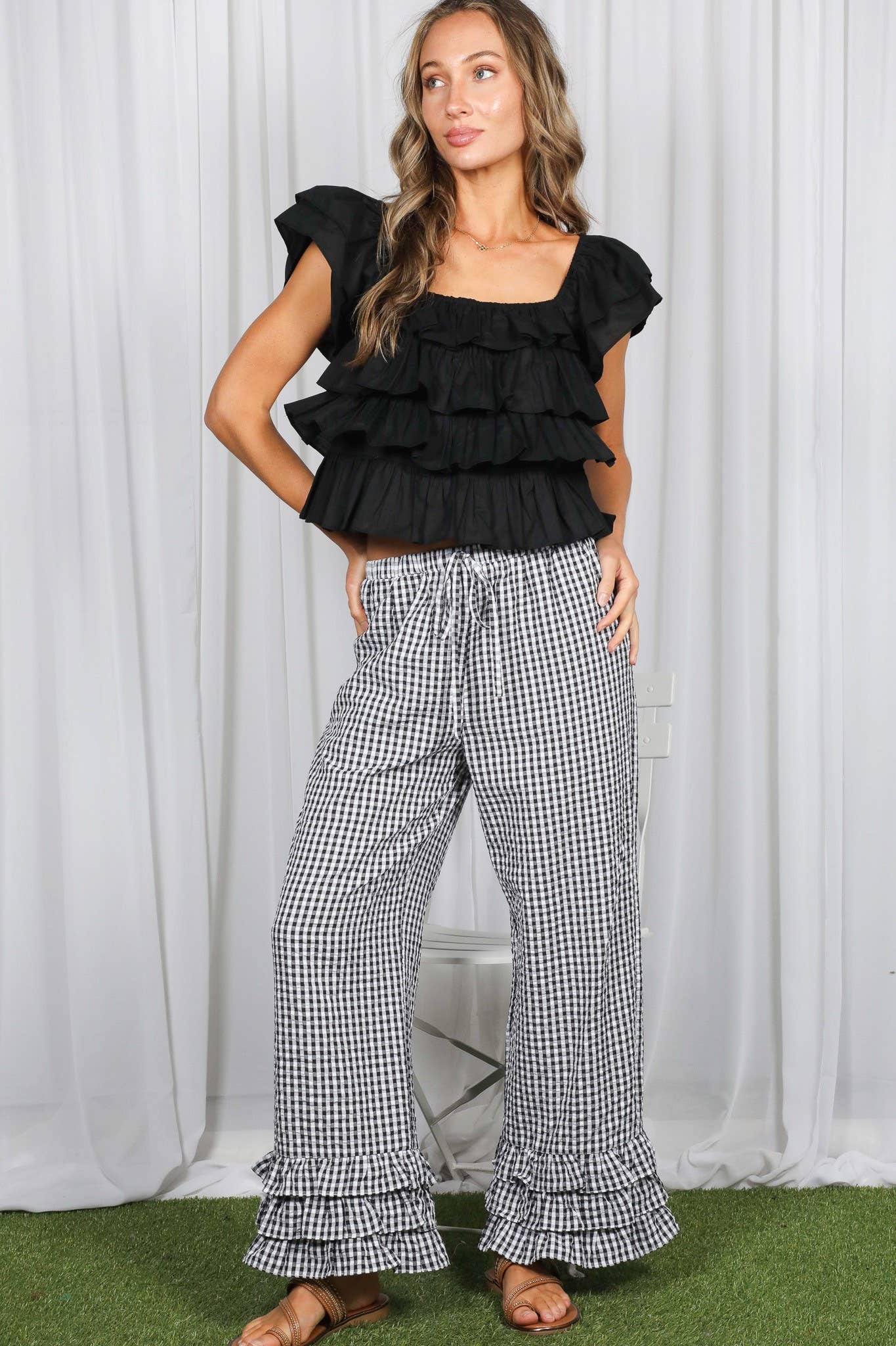 Gingham Layered Ruffle Hem Cropped Pants