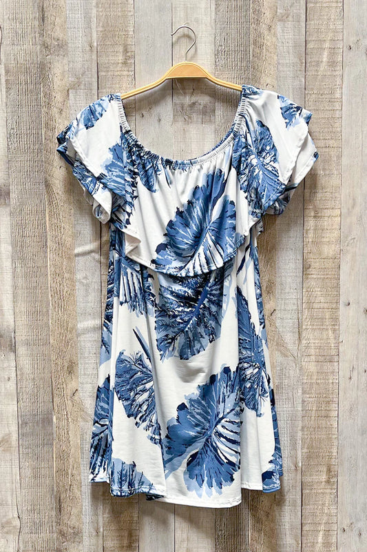 Beason River- Ivory Blue Tropical Print Dress