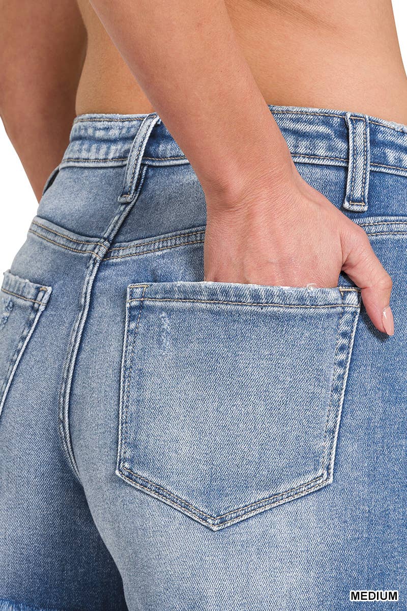 Zenana Distressed Mid Rise Frayed Hem Denim Shorts
