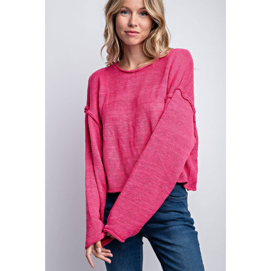 LOOSE FIT PULL OVER KNIT SWEATER TOP: FUCHSIA